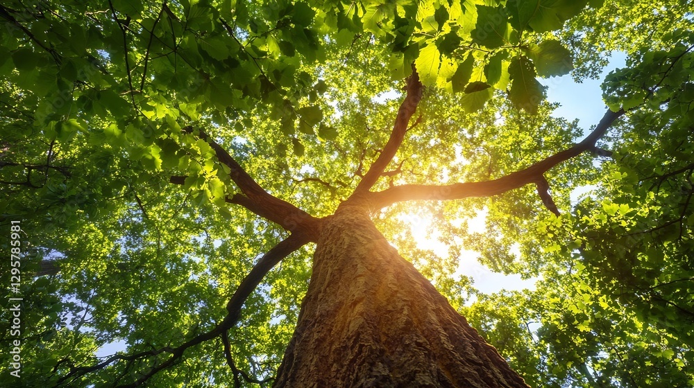 Poster majestic view of the sun shining through a canopy of vibrant green leaves of a tall tree : generativ