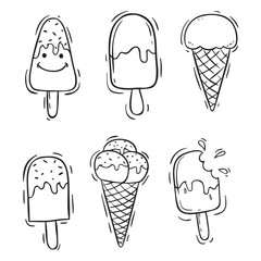 Collection of hand drawn black and white doodles vector, Designs include smiling faces, melting effects, and sprinkles, making them ideal for food related illustrations, branding, and fun summer theme