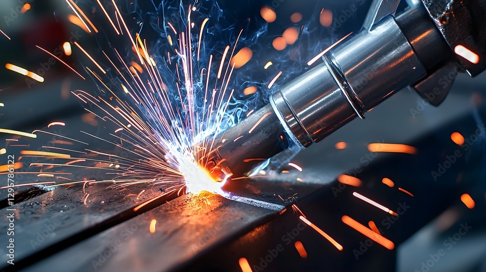 Poster intense macro close up shot of a welding tip in mid process capturing the intense heat bright sparks