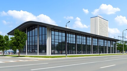 Modern architectural building with large glass windows on a sunny day, urban setting