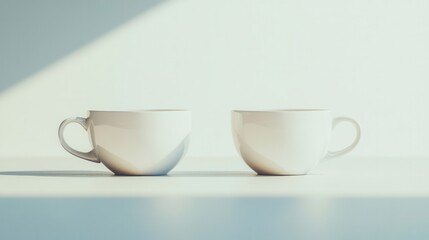 Fototapeta premium Minimalist Composition of Two White Coffee Cups on a Clean Surface with Soft Natural Light and Minimal Shadows for Calm Atmosphere