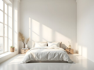 Minimalist White Bedroom: A sleek, minimalist bedroom in crisp white tones, viewed from the foot of the bed, featuring simple decor and soft natural light.