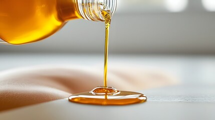 Macro Close up Shot of Warm Amber Colored Massage Oil Being Gently Poured onto a Person s Back Highlighting the Smooth Shiny Texture of the Oil as it Flows and Drips onto the Skin