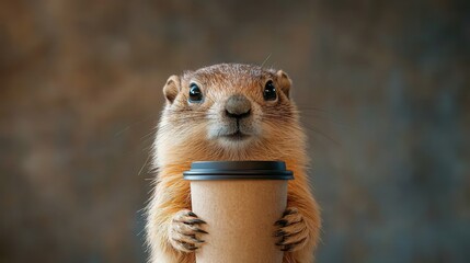 A small rodent holds a cup of beverage looking directly forward