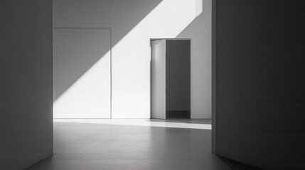 Fototapeta premium Minimalist Interior with Light and Shadow, Open Door Creating Depth in Modern Architecture Space, Monochrome Design and Lines