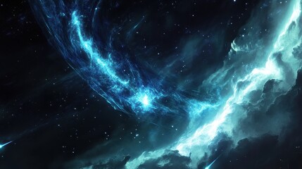 Cosmic Swirl with Brilliant Blue Light Against Dark Space Background