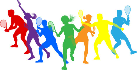 Silhouette Tennis players set. Active sports people healthy players fitness silhouettes concept.