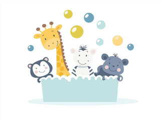 Obraz premium group of cartoon animals including giraffe, zebra, and hippo enjoying bubble bath in tub. playful scene evokes joy and fun