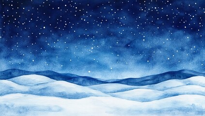 Naklejka premium Watercolor winter landscape, starry night, snowy mountains, peaceful scene