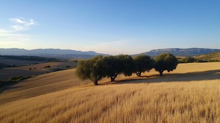 Fototapeta premium Sunlit field with olive trees under a clear blue sky during sunset : Generative AI