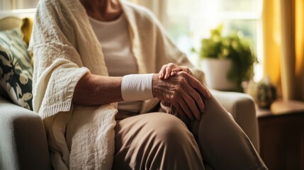 A senior with an elbow injury sitting in a comfortable chair with a bandage. Featuring support and healing