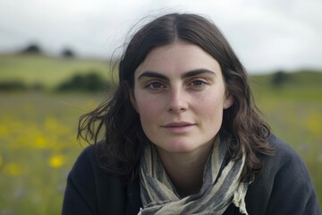 Fototapeta premium Portrait of Woman in Natural Setting with Flower Field in Background