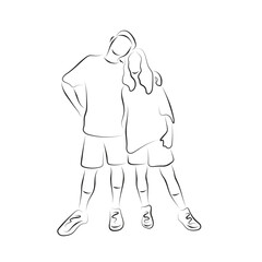 Man and woman standing together illustration vector hand drawn with black lines isolated on white background