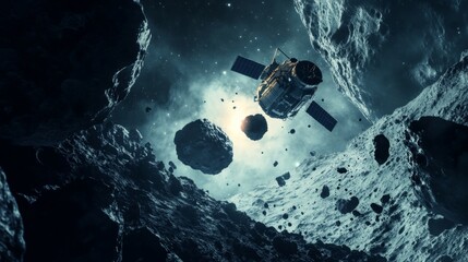 Dramatic capture of a space satellite making contact with an asteroid amidst the vastness of space