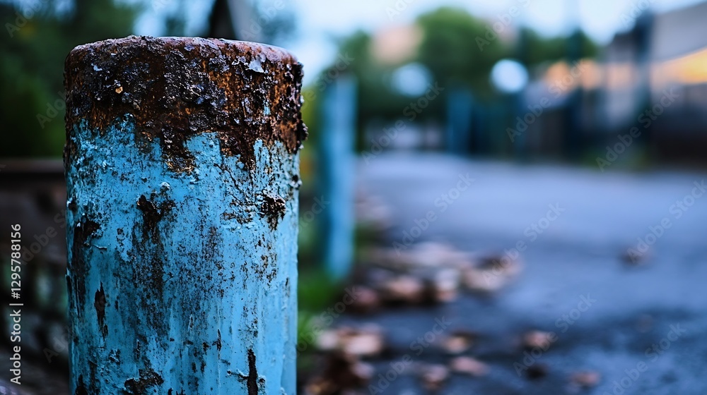 Poster rusty blue pole with texture among blurred background in urban setting depicting decay : generative 