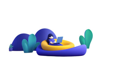 woman working on laptop while sitting in colorful, modern seating area surrounded by abstract shapes and plants. scene conveys sense of creativity and productivity