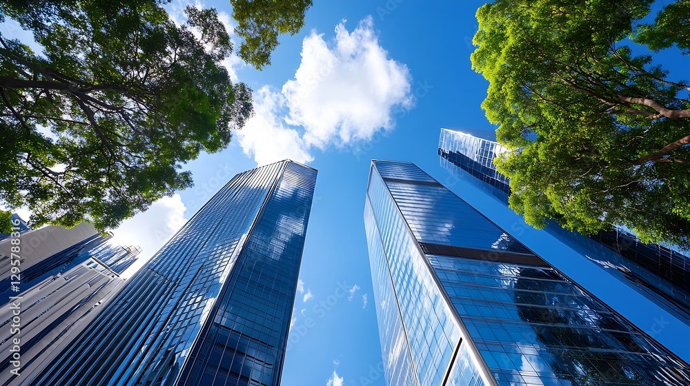 Poster tall modern skyscrapers surrounded by lush trees and bright blue sky creating dynamic urban landscap