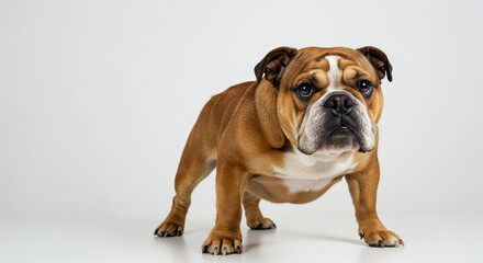 Obraz premium Adorable Brown and White English Bulldog Puppy Standing on White Background Studio Shot