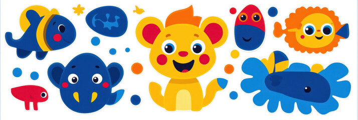 Naklejka premium Cute cartoon animals, colorful fish, cheerful lion, playful octopus, happy elephant, vibrant sea creatures, fun stickers, vector illustration, child friendly design, playful art