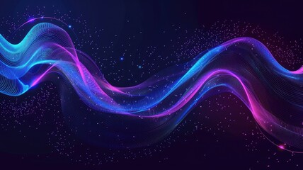 Abstract digital wave of particles in blue and pink colors. Digital art for design and print. Motion shot of glowing gradient purple and blue liquid or fluid wave with black background. AIG53.