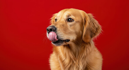 Adorable Golden Retriever Dog Licking its Nose against Red Background Studio Shot