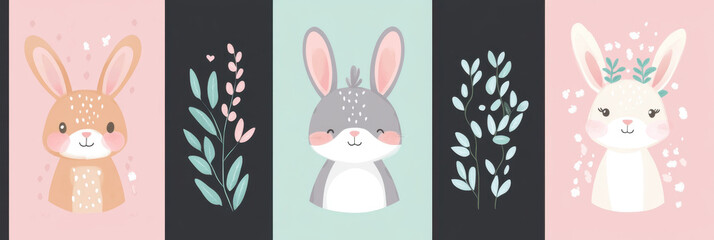 Cute cartoon rabbits with floral elements in pastel colors, perfect for children decor or stationery. These adorable illustrations bring cheerful and playful vibe to any design project