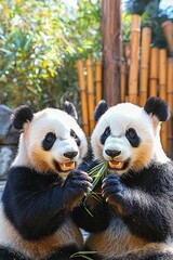 Obraz premium Two panda bears sitting next to each other eating bamboo