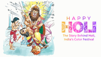 Fototapeta premium Happy Holi: Uncovering the Story hand illustration and Concept Behind India's Vibrant Color Festival. The Legend of Narasimha Avatar: Prahlad's Faith and Hiranyakashipu's Downfall in Hindu Mythology.