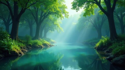 Obraz premium Serene morning mist shrouds a tranquil waterway, its glassy surface mirroring the lush greenery and majestic trees lining its banks, creating a picturesque and peaceful scene.