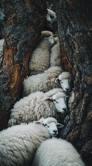 A peaceful gathering of sheep nestled under a sturdy tree, displaying their soft, textured wool and the intricate bark of the tree. This serene moment captures nature's beauty