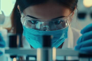 A focused female scientist wearing a blue mask, gloves, and a white lab coat while closely examining a sample under a microscope