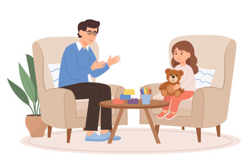 Child psychologist works with small girl on the armchair. Psychological support. Doldrums concept. Vector flat  illustration