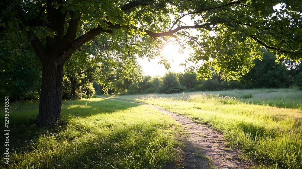 Poster serene sunlit pathway through lush green forest captured on a beautiful day : generative ai