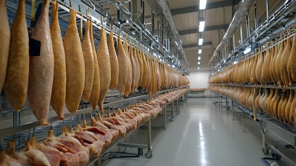 Rows of salted and cured meats such as prosciutto ham and sausages hanging in a cool dimly lit industrial curing chamber or food processing facility  The meats are stored on racks