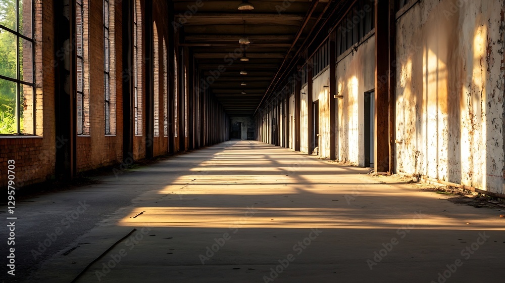 Poster Empty industrial hallway with long shadows and natural light creating a haunting atmosphere of abandonment : Generative AI