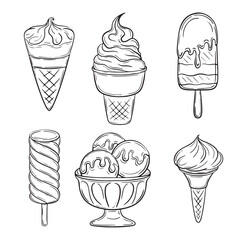 Collection of hand drawn black and white doodles vector, Designs include smiling faces, melting effects, and sprinkles, making them ideal for food related illustrations, branding, and fun summer theme