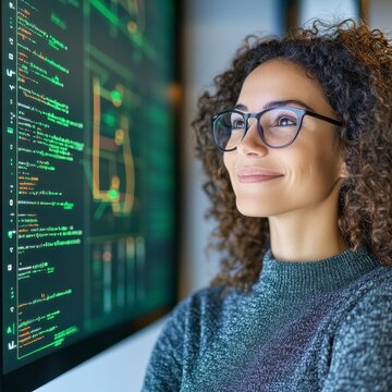 Woman coding with a smile, a close-up view, showcases the joy and passion of software development Her focused gaze and the intricate code on the screen convey intelligence and dedication This scene