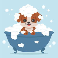 A cute puppy taking a bath full of soap foam. 
The puppy is sitting in a tub filled with foamy bubbles. Vector Illustration