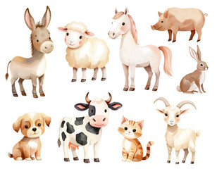 Watercolor farm animals. Cute hand drawn animals. Dog, pig, horse, cat, cow, ship, goat, rabbit.