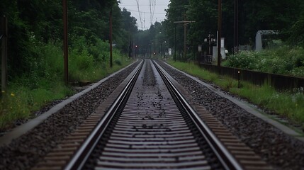Naklejka premium Serene Straight Railway Tracks Amid Lush Green Forest Landscape : Generative AI