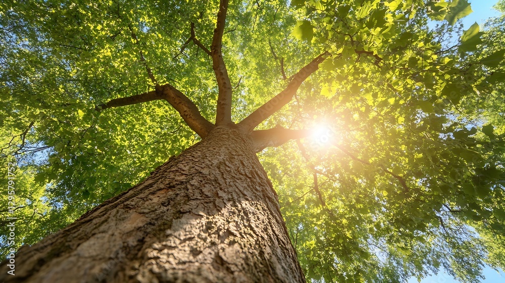 Poster majestic view of sunlight filtering through lush green leaves of a towering tree : generative ai