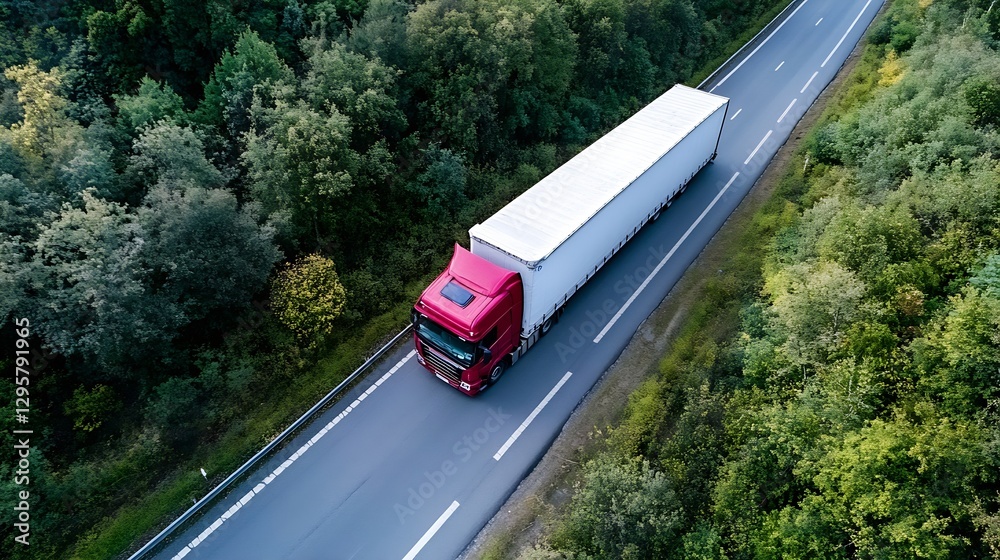 Poster aerial view of large red and white delivery truck on a highway : generative ai