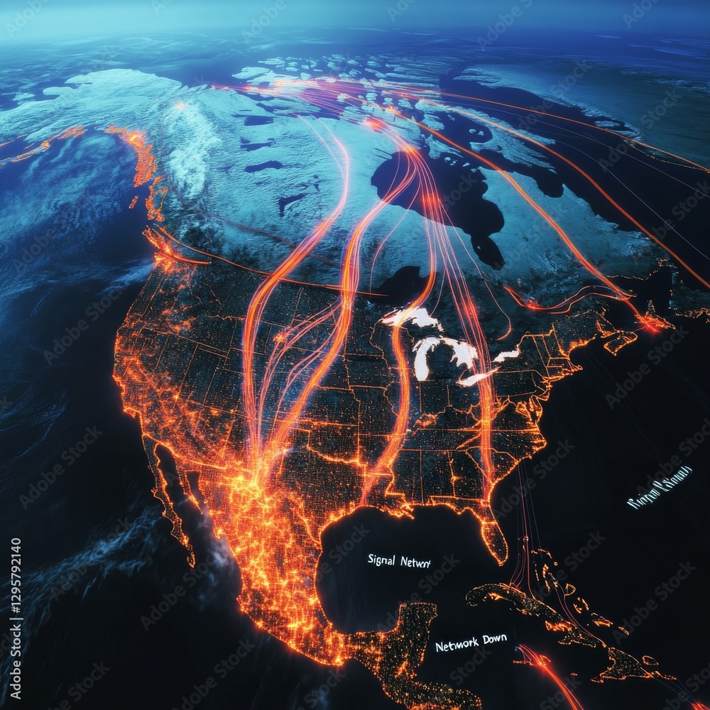Aufkleber global network communication: data flow across north america with light trails representing connecti