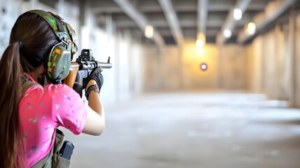 Obraz premium Side profile view of a shooter wearing protective gear and equipment focused on aiming and firing a firearm at a target Showcasing the precision focus