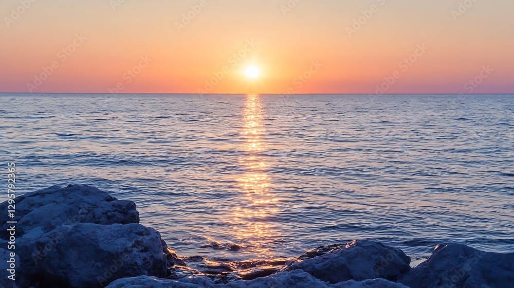 Poster serene sunset over calm ocean waves casting reflection on still waters : generative ai