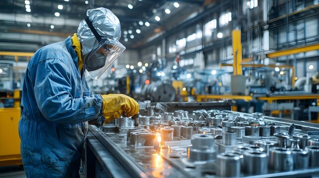 Skilled industrial worker in protective gear monitoring the die casting process with molten metal injection in a manufacturing plant or factory  Concept of industrial production metal processing