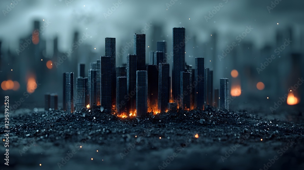 Aufkleber smoldering skyline a dystopian cityscape of charcoal and glowing embers captures a surreal and omino