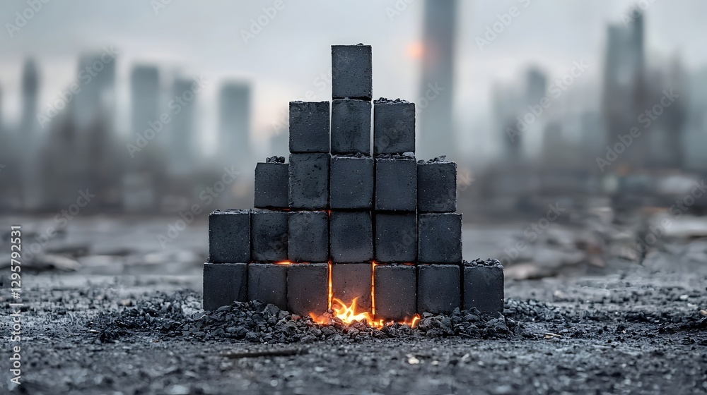Poster smoldering cityscape a photo depicting a stack of black charcoal pieces arranged in the form of a to