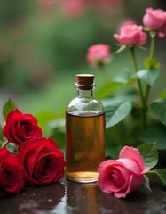 Bottle meadow with red and pink flowers background