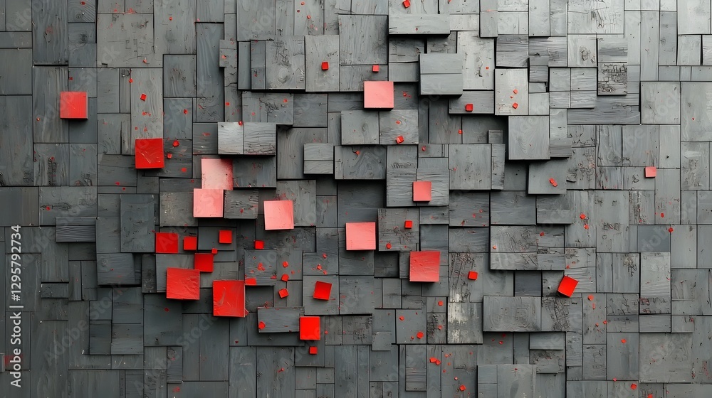 Poster Striking abstract composition of charred blackened wood pieces arranged in a geometric mosaic pattern glowing with red hot embers on a stark minimalist gray background